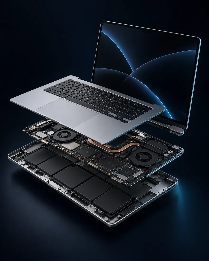 Ilustração técnica de notebook com placa lógica e bateria em camadas