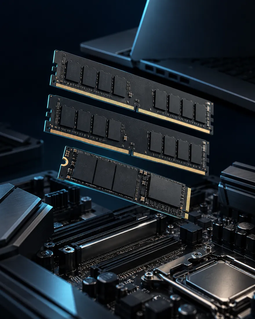 Composição técnica de SSD NVMe, memória RAM e placa-mãe